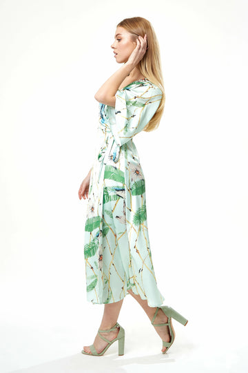 Bird Print Midi Wrap Dress In Mint Green Liquorish